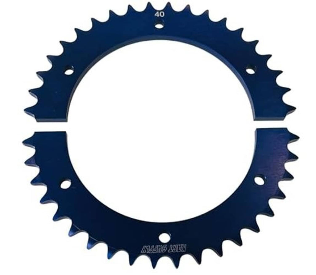 Blue aluminum split sprocket, 40-tooth with center cutout and bolt holes
