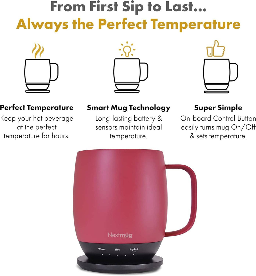 Dusty rose self-heating coffee mug on black charging coaster with side handle