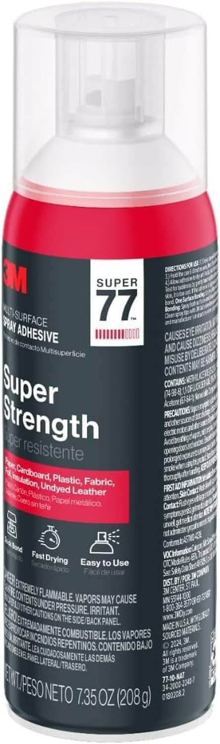 Super 77 spray adhesive can with red stripe and white cap, front label visible