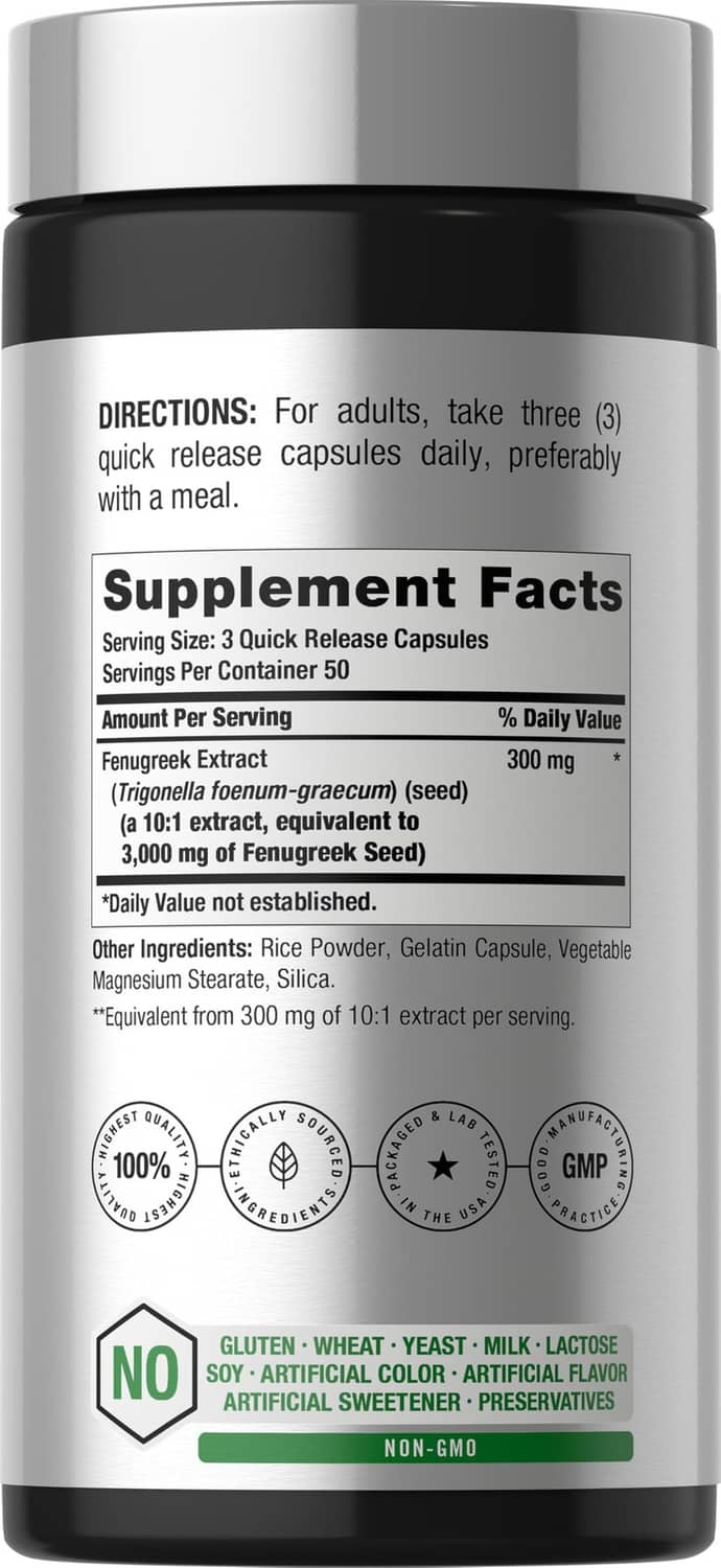 Fenugreek supplement bottle back label with Supplement Facts and directions