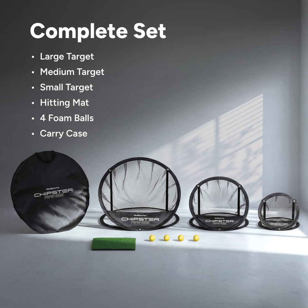Complete golf chipping net set: carry case, three net targets, green mat, foam balls