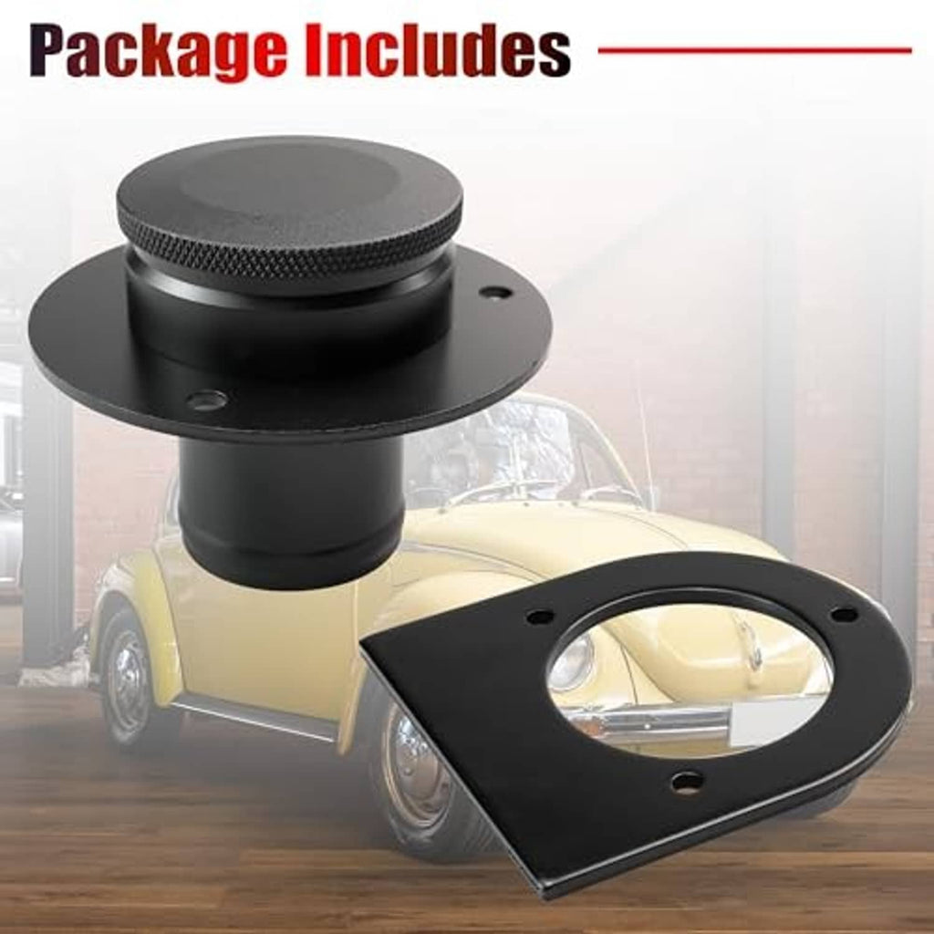 Black remote fuel filler neck with textured cap and square weld-on mounting plate