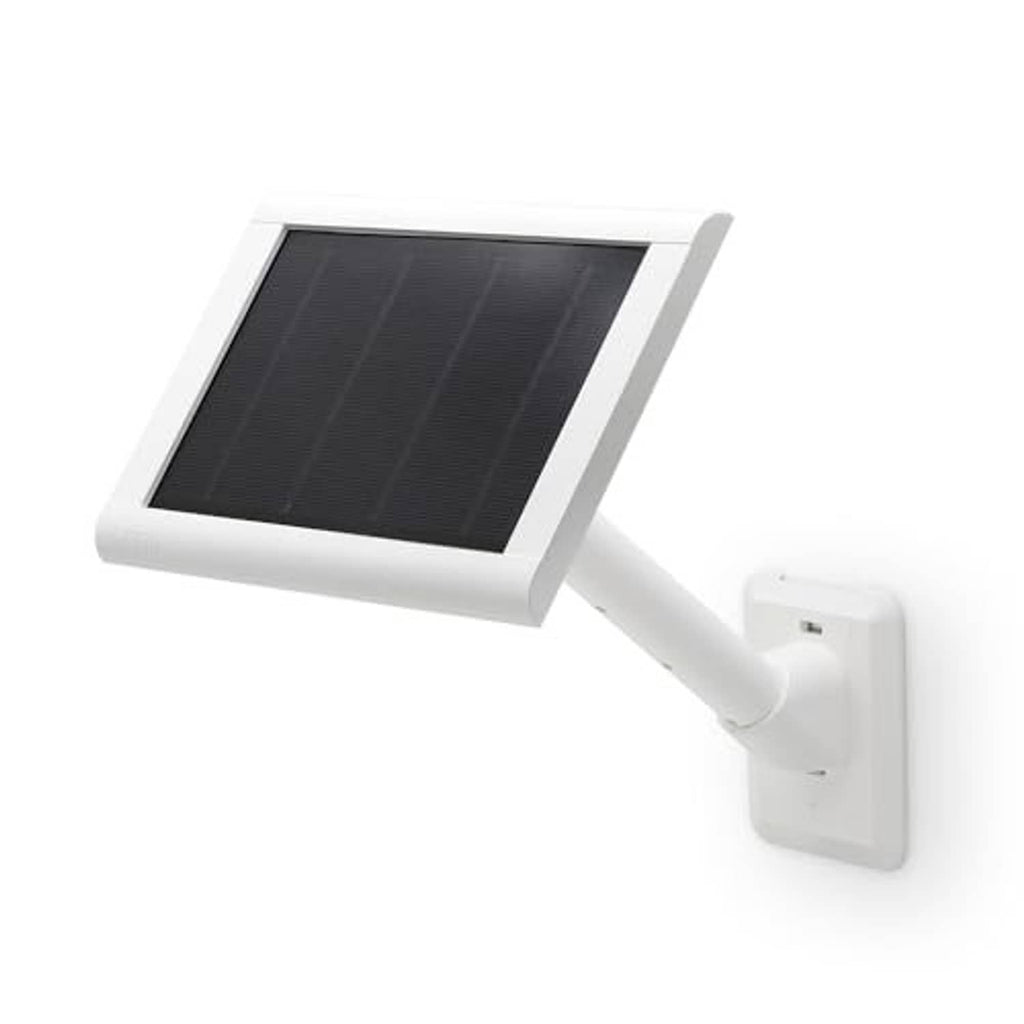 Solar panel with white wall mount bracket arm