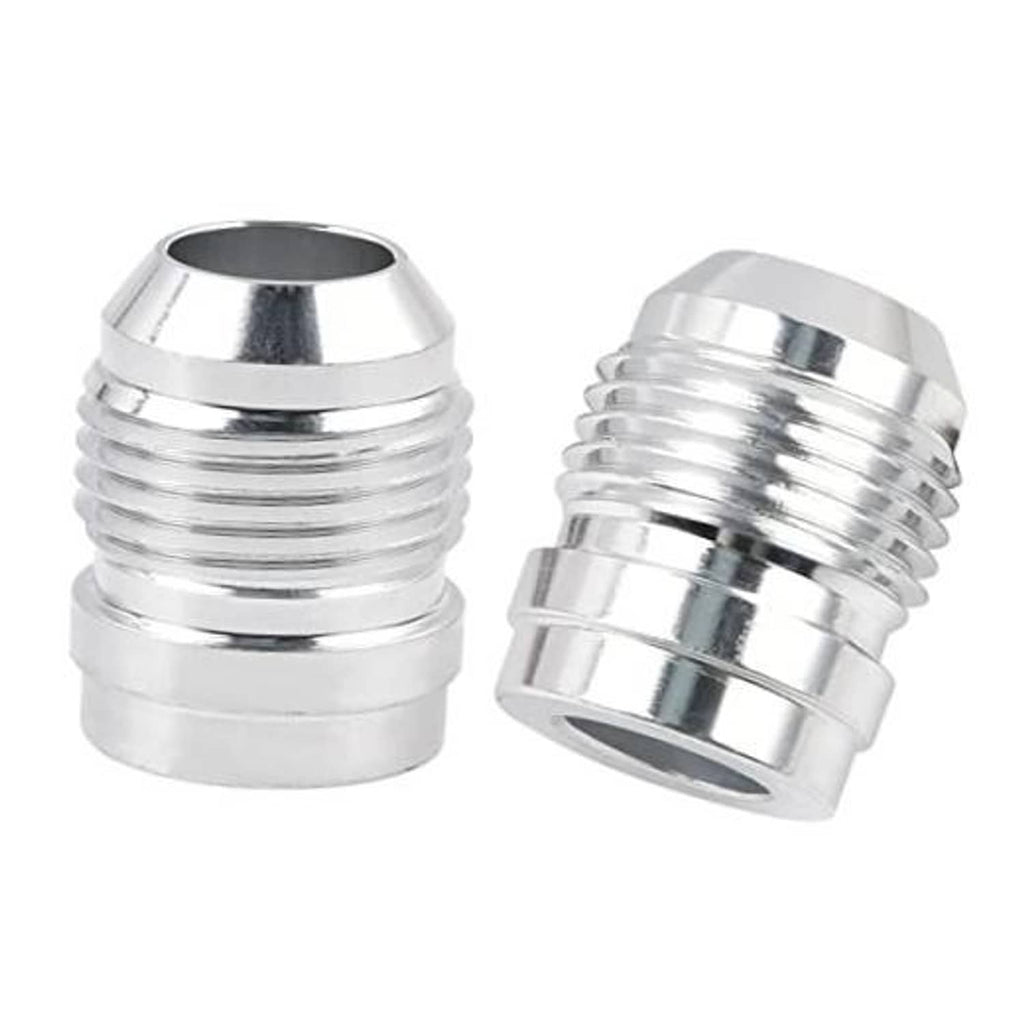 Two silver aluminum AN flare weld-on bung fittings with male threaded ports
