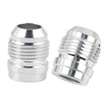 Two silver aluminum AN flare weld-on bung fittings with male threaded ports