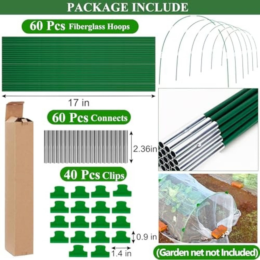 Green fiberglass hoop kit with multiple hoops, connectors, and clips shown