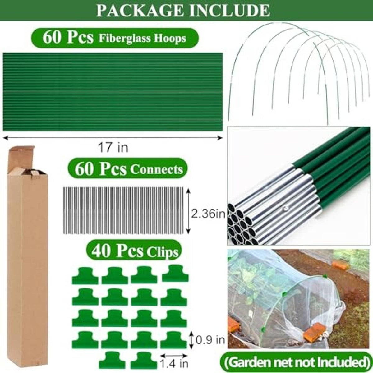 Green fiberglass hoop kit with multiple hoops, connectors, and clips shown