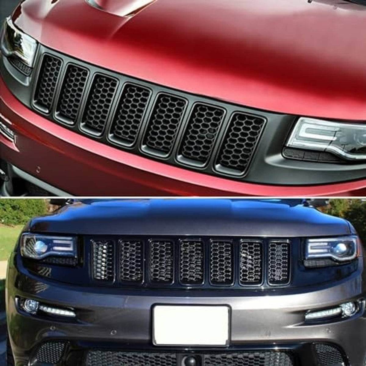 7-piece black grille vent insert trim covers with mesh pattern on front bumper