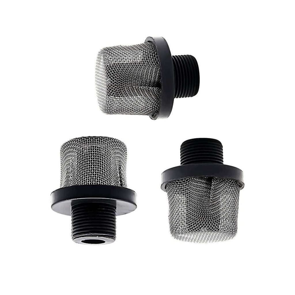 Inlet suction strainer with steel mesh filter and black threaded connector, angled view