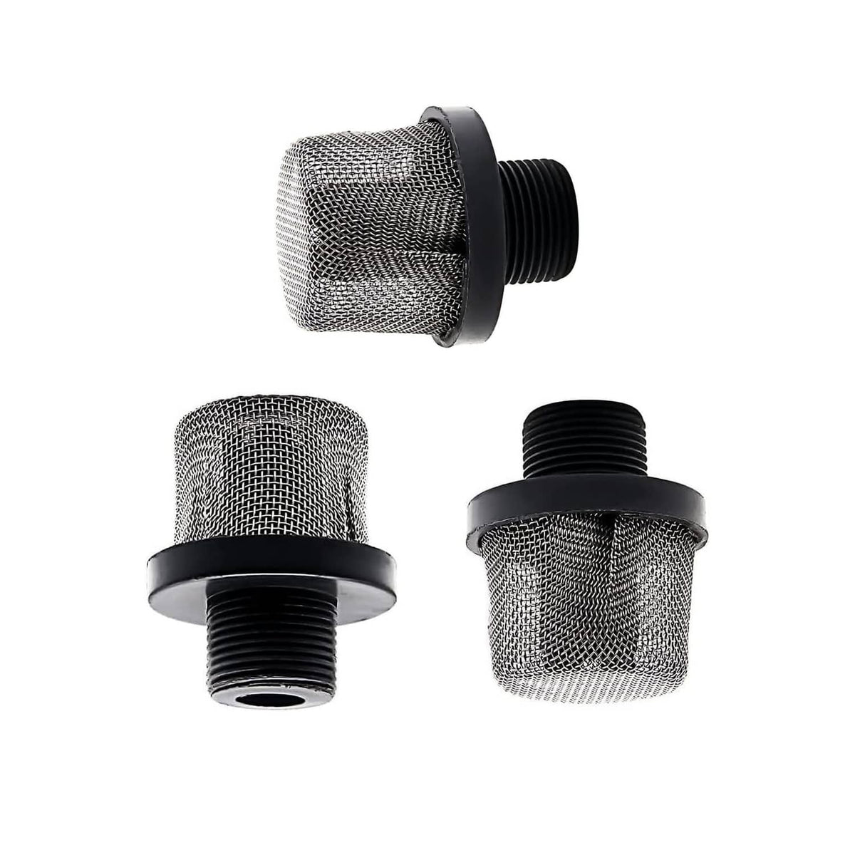 Inlet suction strainer with steel mesh filter and black threaded connector, angled view