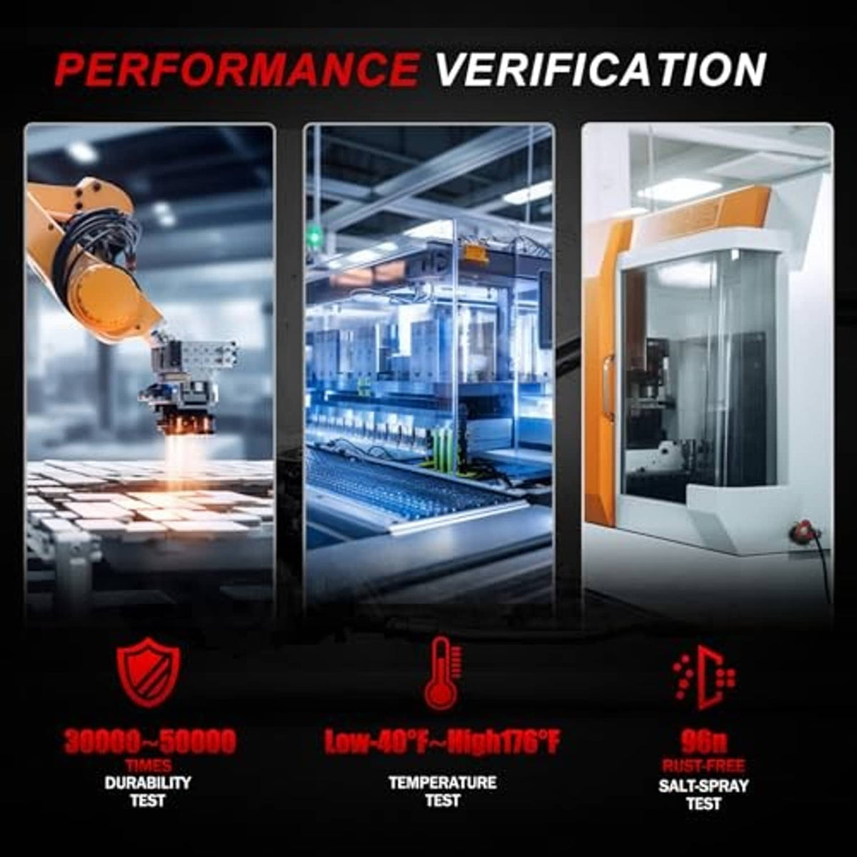 Door lock actuator performance verification graphic with test icons and factory equipment