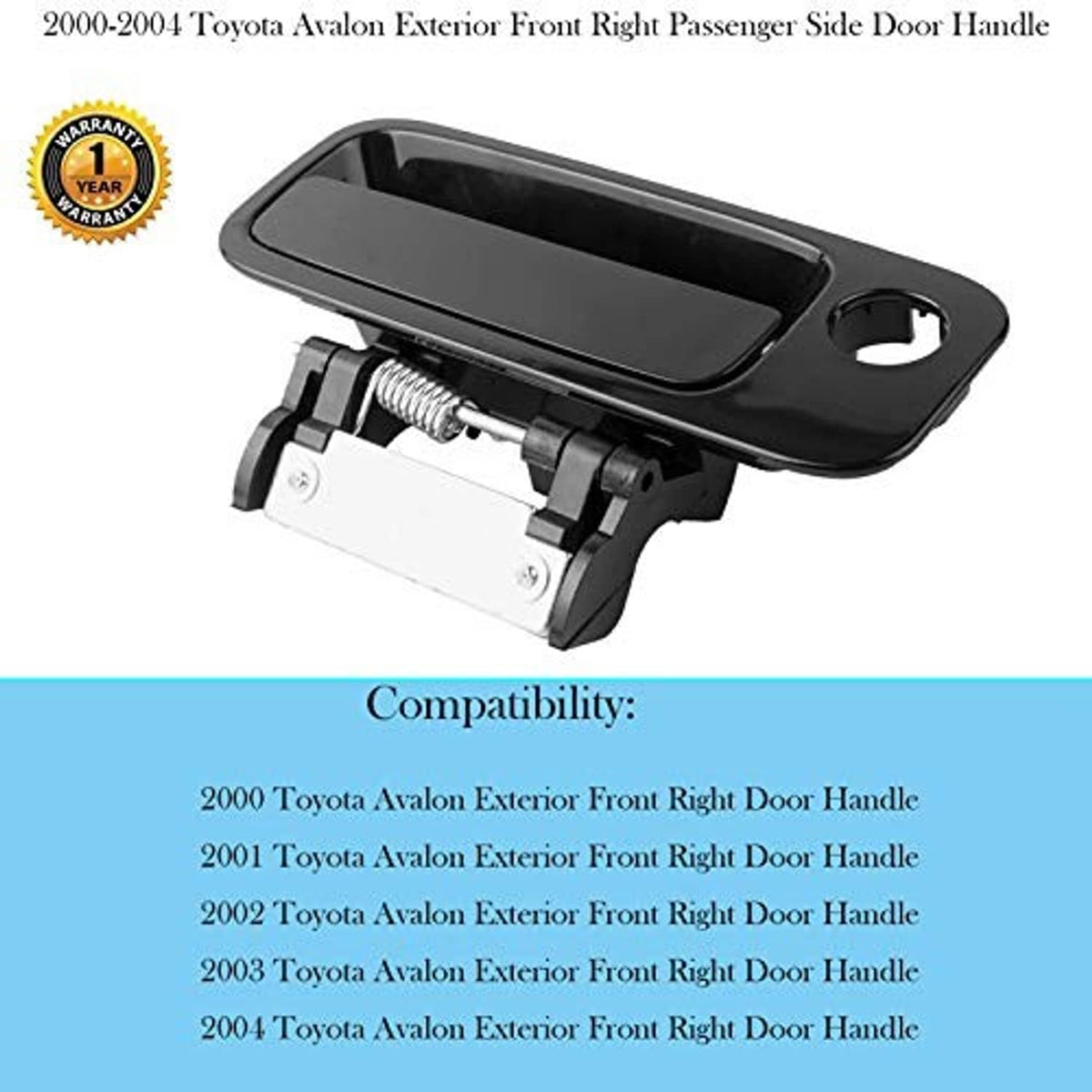 Black exterior front right passenger door handle with metal latch and spring