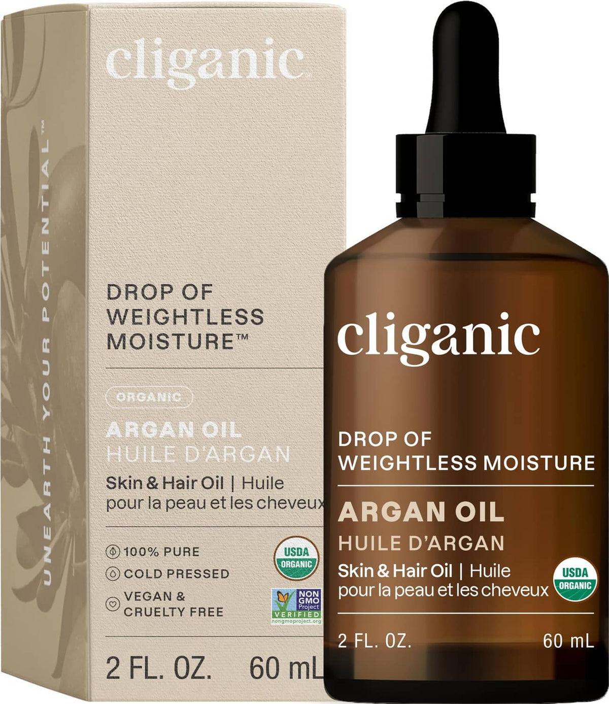 Cliganic argan oil bottle with dropper and cardboard box, 2 fl oz 60 mL