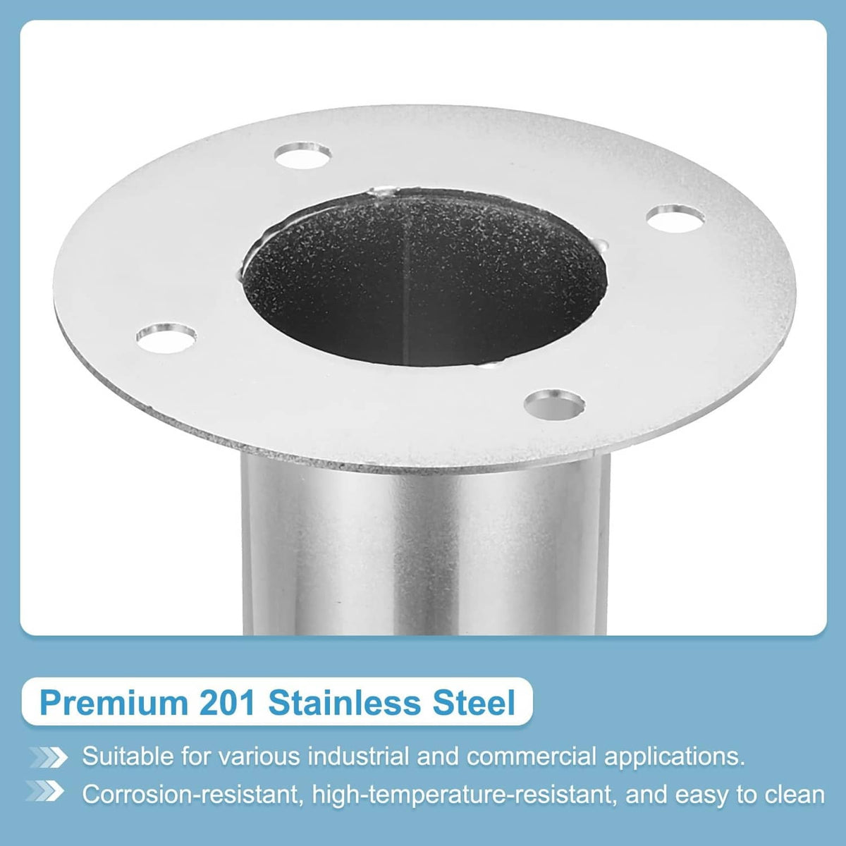 Silver stainless duct flange with wide circular base, 3 mounting holes, and gasket opening