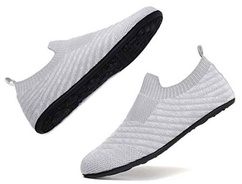 Two light gray knit slip-on shoes showing black sidewall and grip sole