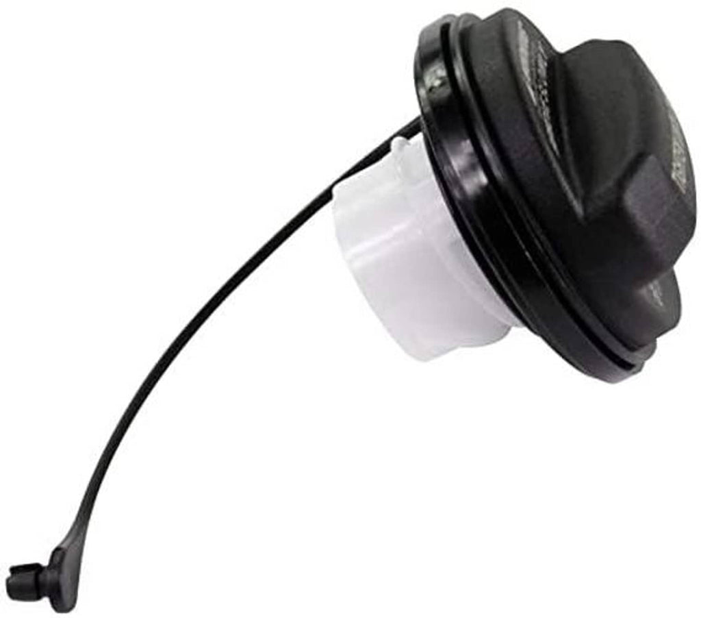 Fuel tank filler gas cap with black body, white insert, and attached tether