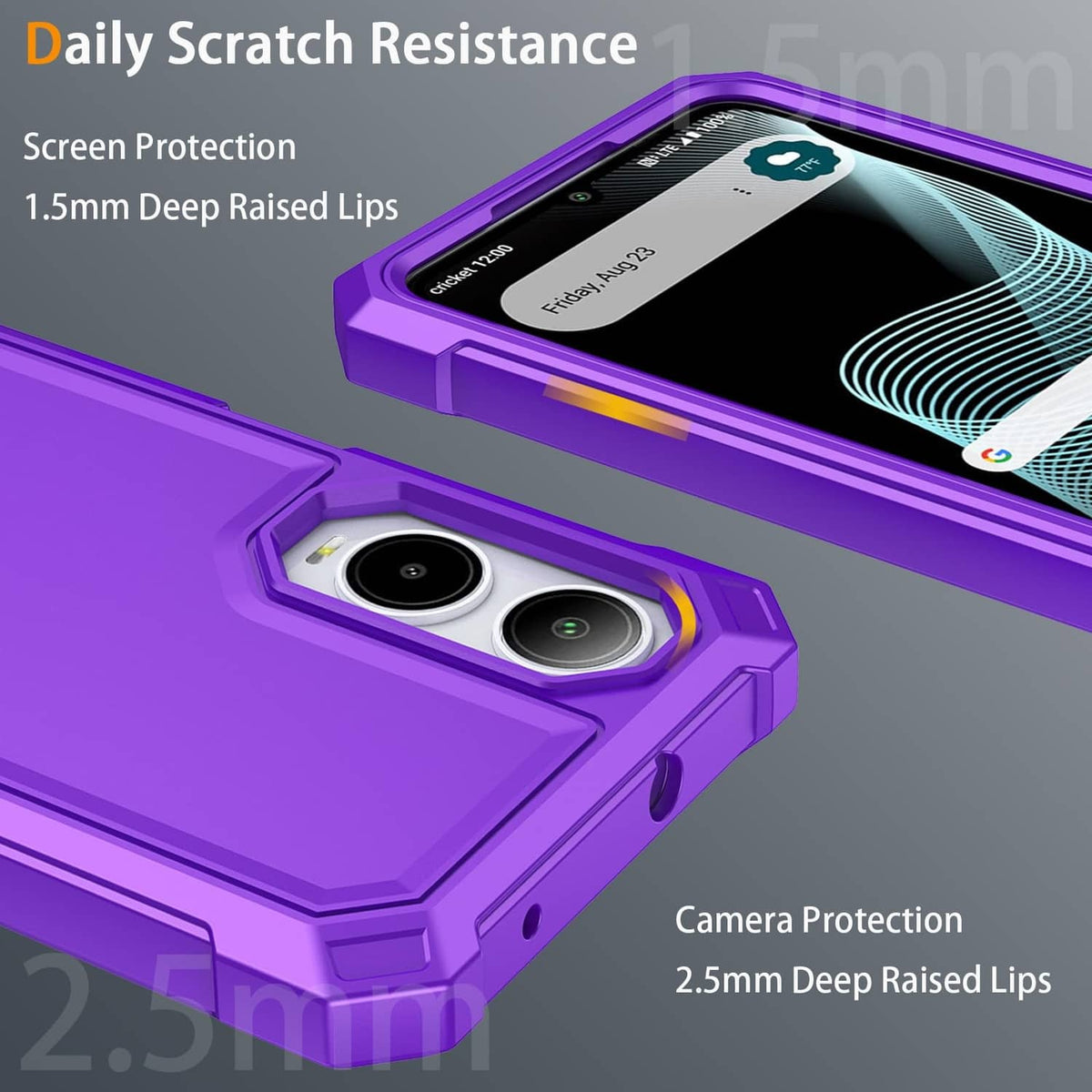Purple phone case showing raised screen and camera lip protection, corner armor