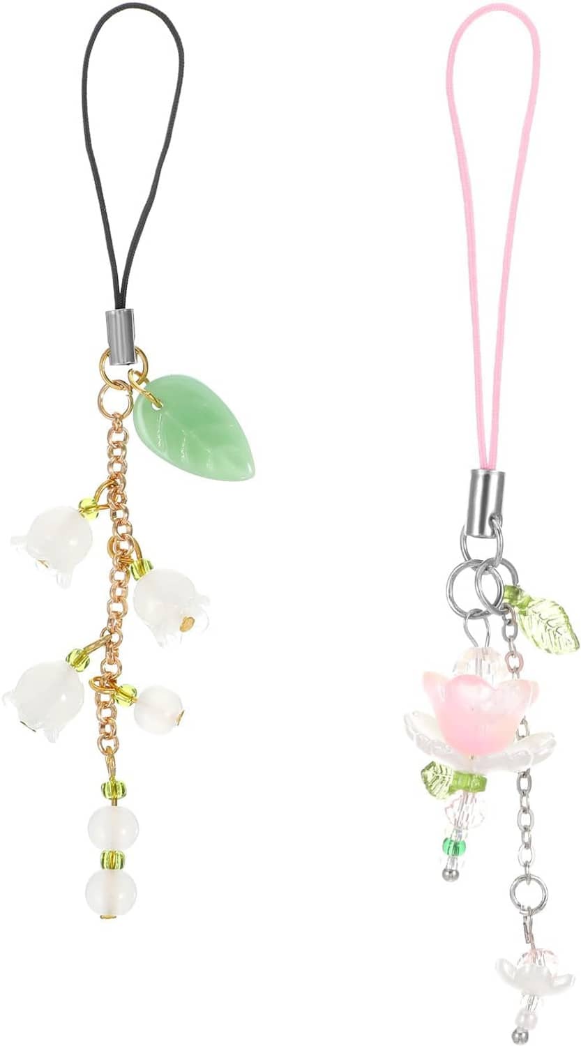 Phone charm lanyards with clips: black cord leaf + white beads; pink cord heart + green leaf