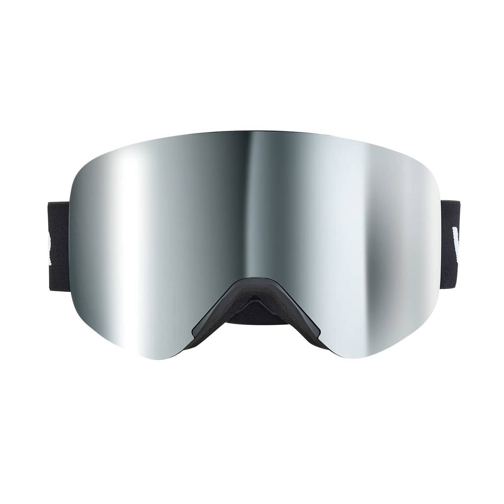 Silver mirrored ski goggles lens with black frame and side strap tabs.