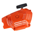Orange recoil starter pull start assembly with black handle and ventilated housing
