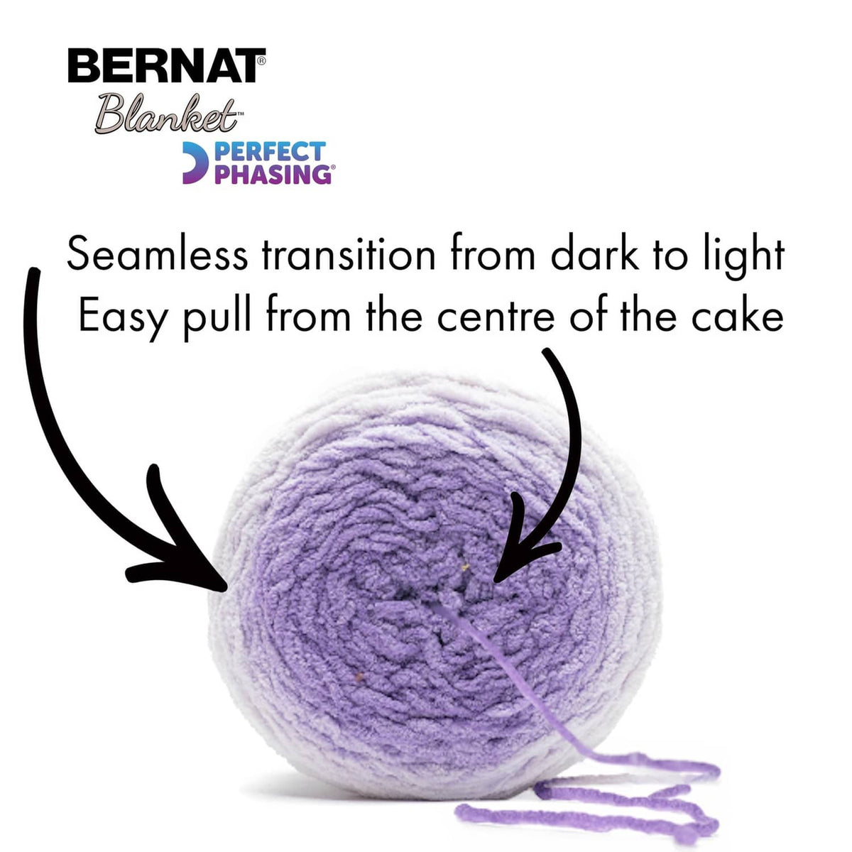 Bernat Blanket Perfect Phasing yarn cake in light purple with pull end