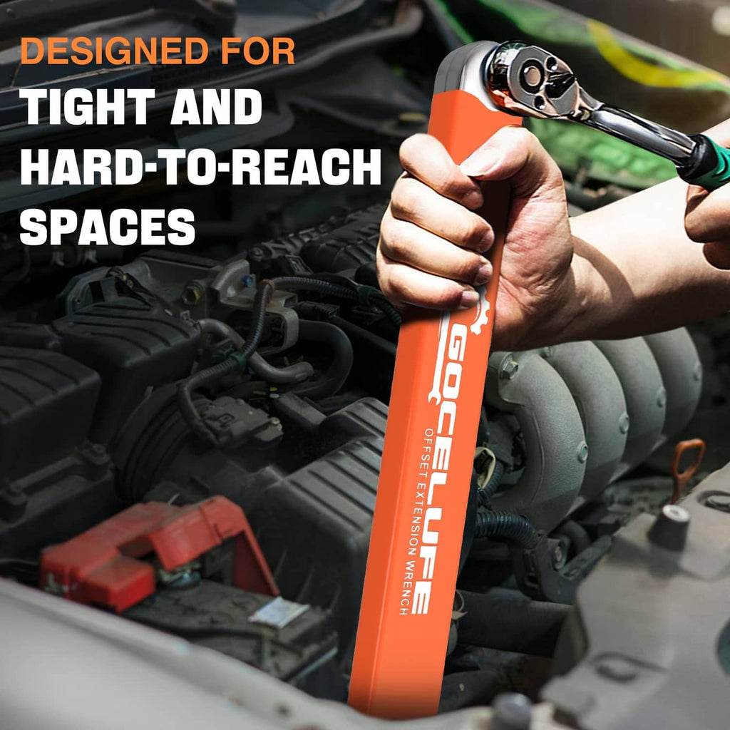 Orange offset extension impact wrench with angled head for reaching tight engine spaces.
