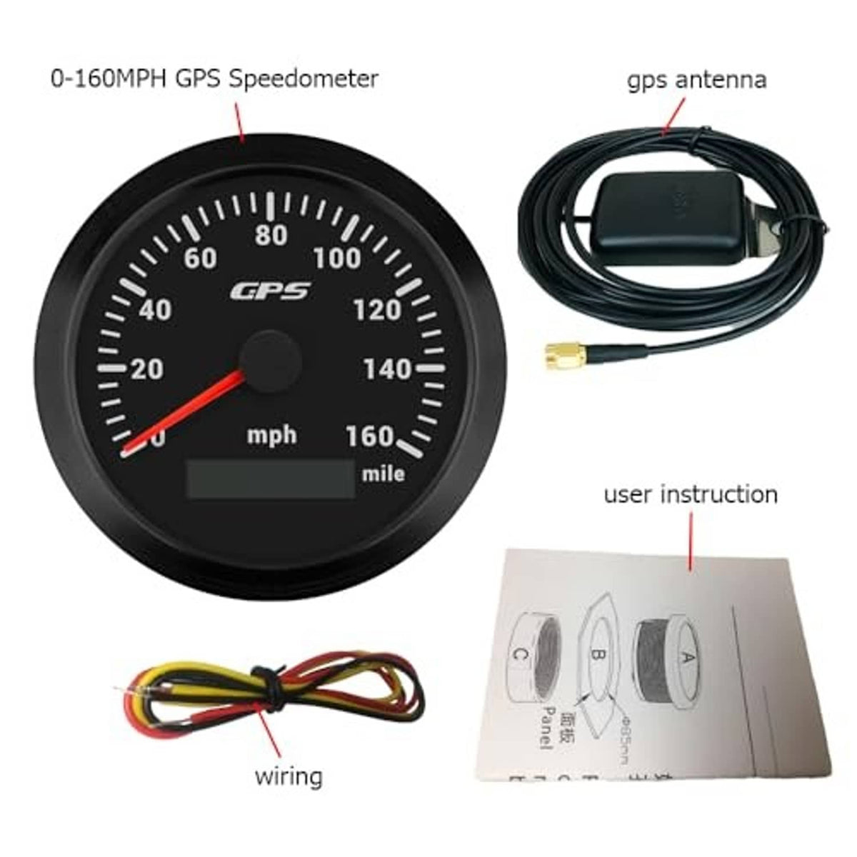 GPS speedometer kit: round gauge, wiring leads, and GPS antenna with instructions