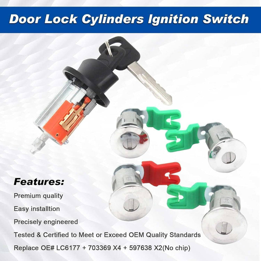 Door lock cylinders and ignition switch with keys, colored tabs, and lock housings