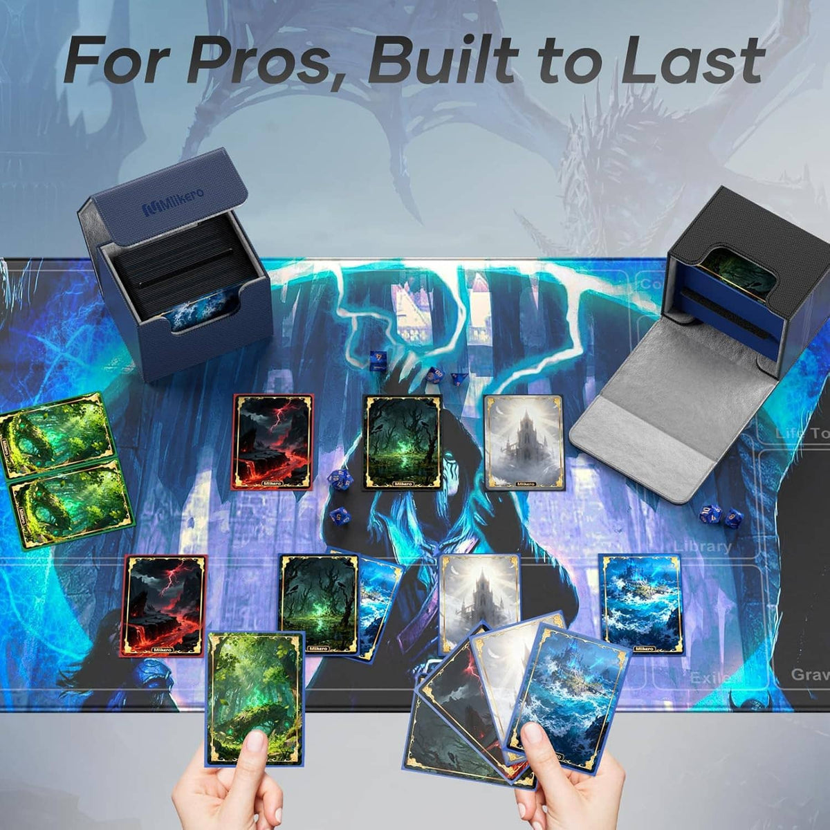 Card deck boxes set, with blue and gray models open for holding collectible cards.