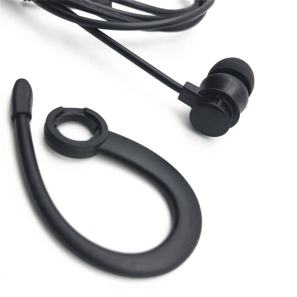 Black in-ear stereo earbuds with three-earbud set and attached cable loop.