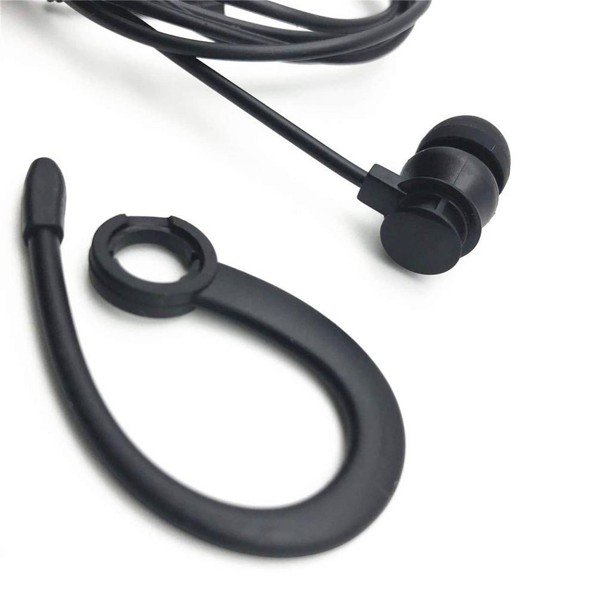 Black in-ear stereo earbuds with three-earbud set and attached cable loop.