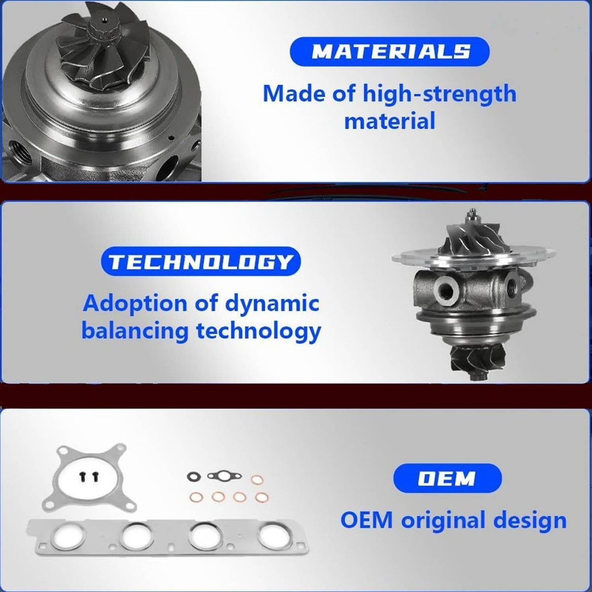 Turbocharger assembly shown with gasket set and component insets on a panel