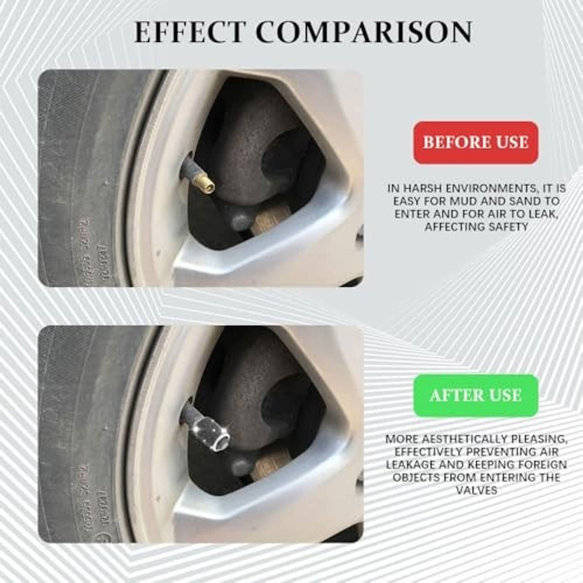 Rhinestone-look tire valve stem cap before and after use on a wheel valve