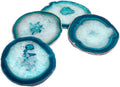 Set of 4 teal agate geode coasters with blue-green crystal center and banded edges