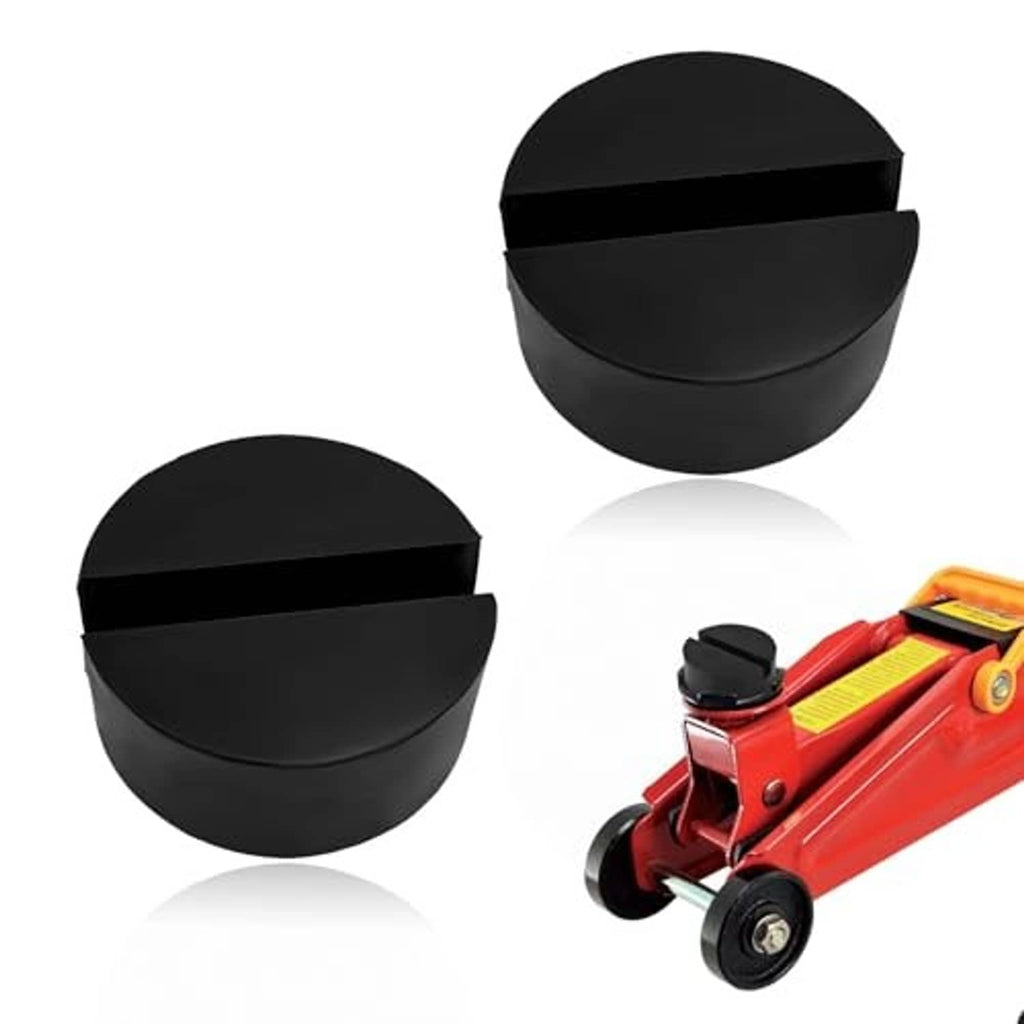 Two black semicircle rubber jack pad adapters with curved slot tops for stand use