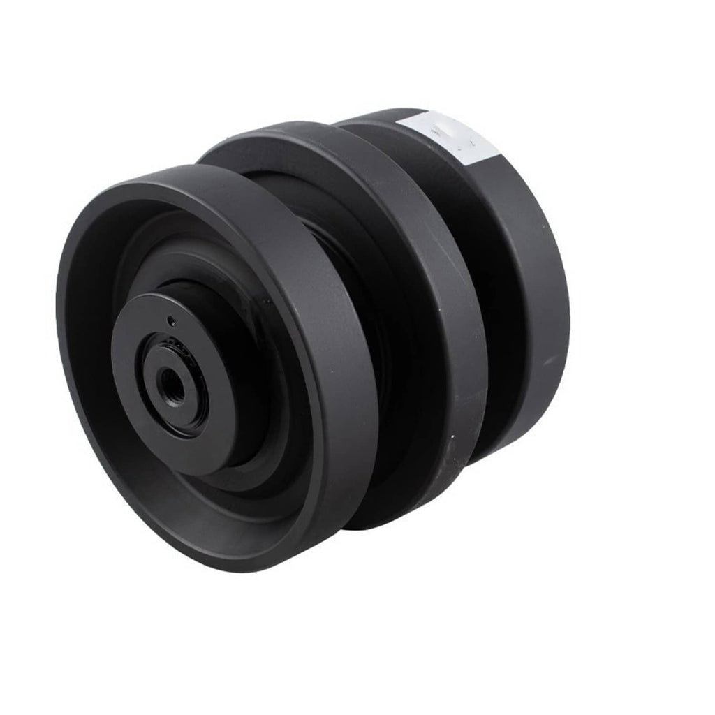 Black bottom roller with side flange wheels and white label sticker