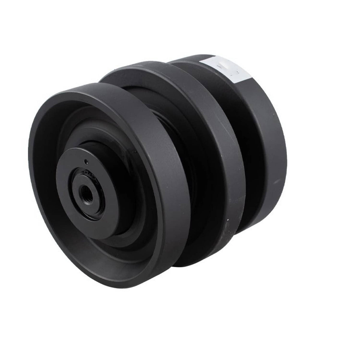 Black bottom roller with side flange wheels and white label sticker