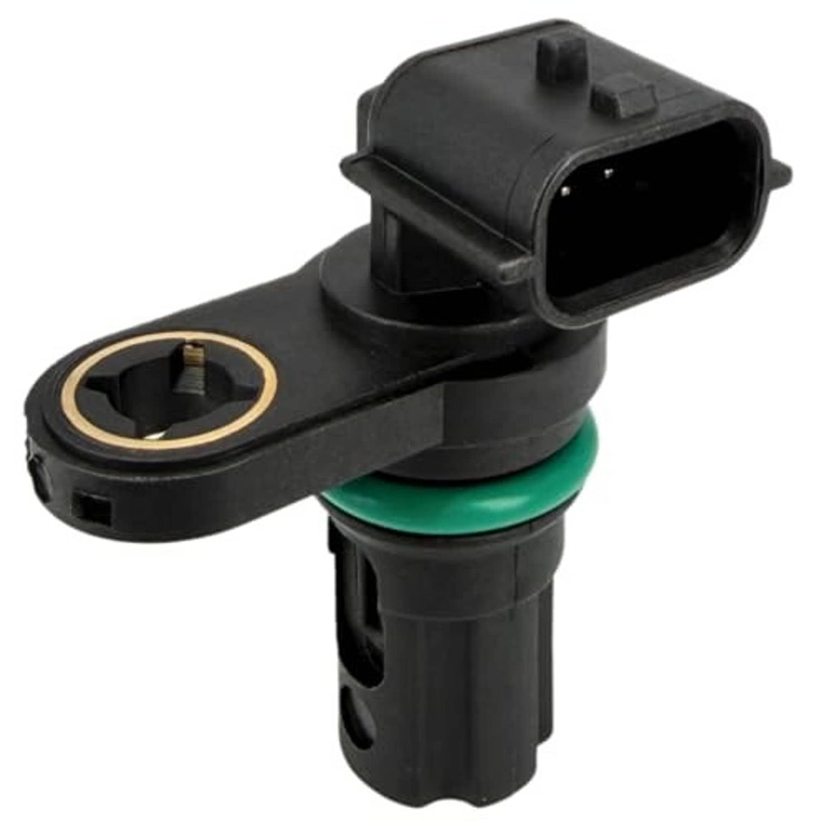 Camshaft position sensor with black body, green O-ring, and round mounting socket