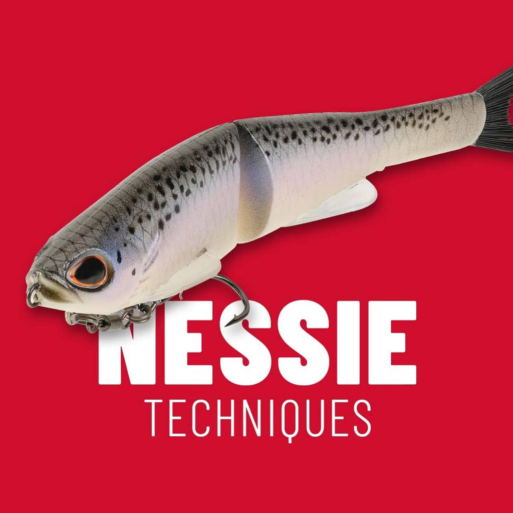Berkley PowerBait Nessie 9in glide bait, white body with dark speckles