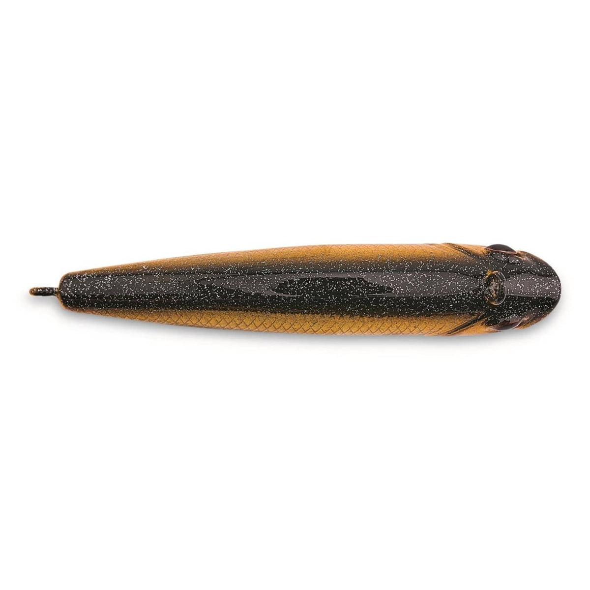 Brown and black fishing minnow lure body with small eye detail