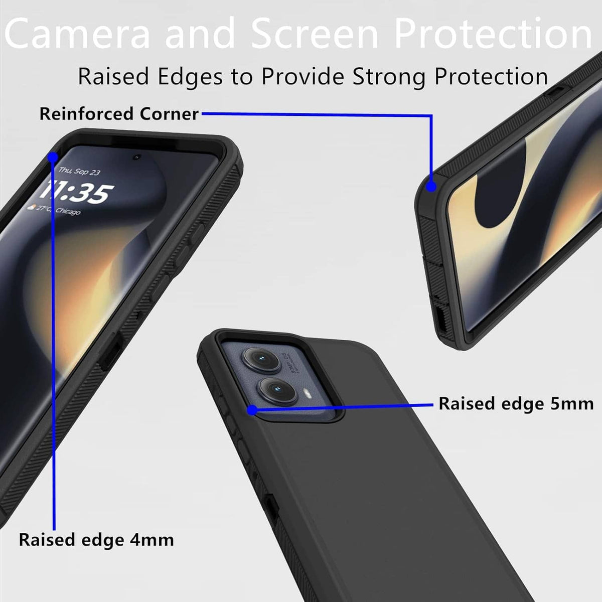 Black rugged phone case with raised camera and screen-edge protection
