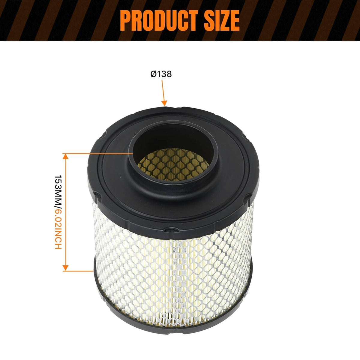 Single cylindrical air filter with black top, white pleated mesh, gold inner core