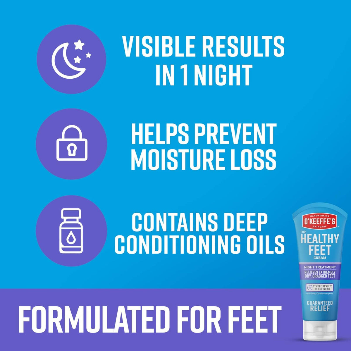 O'Keeffe's Healthy Feet night treatment foot cream, visible bottle and text icons