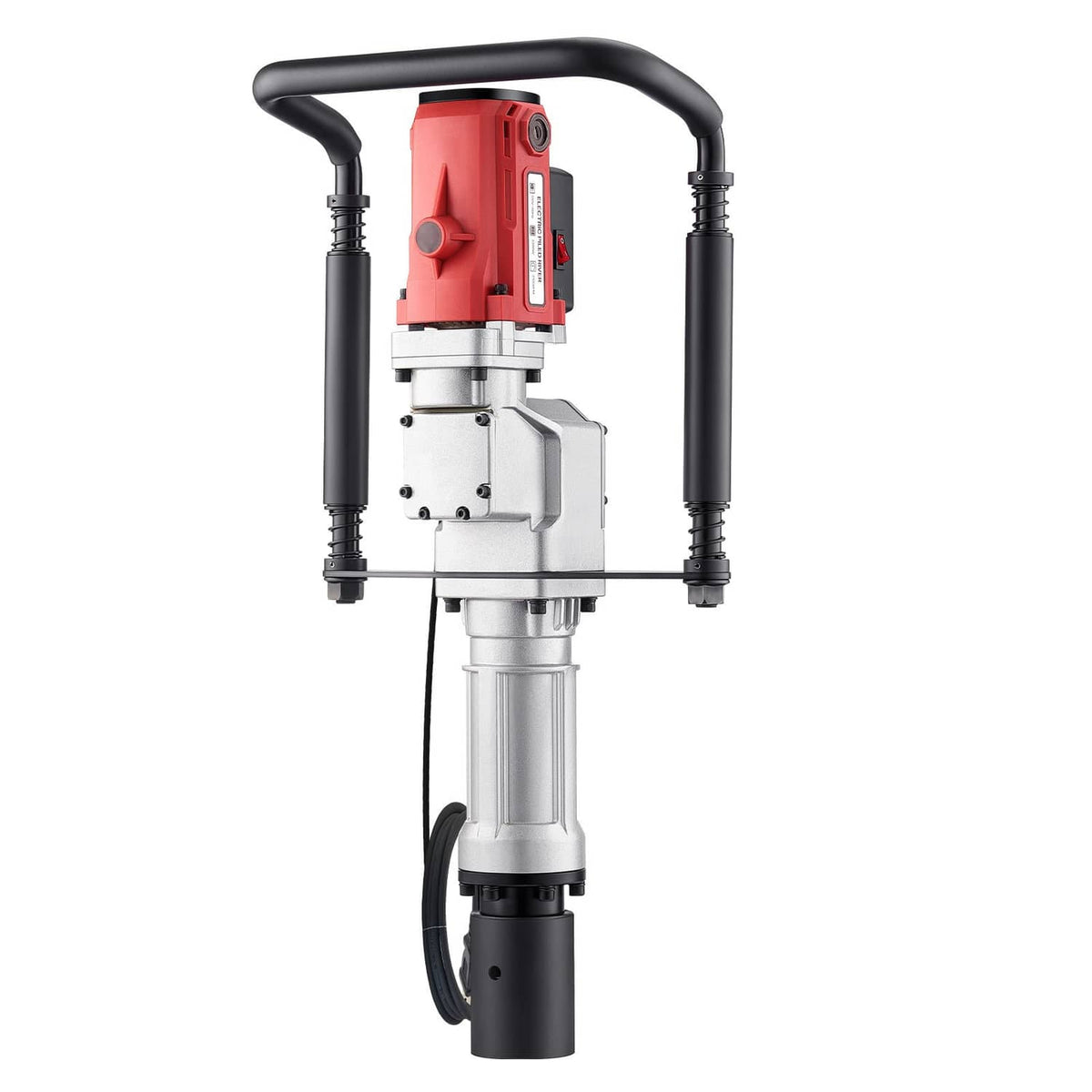 Front view of electric fence post driver with red motor and silver body