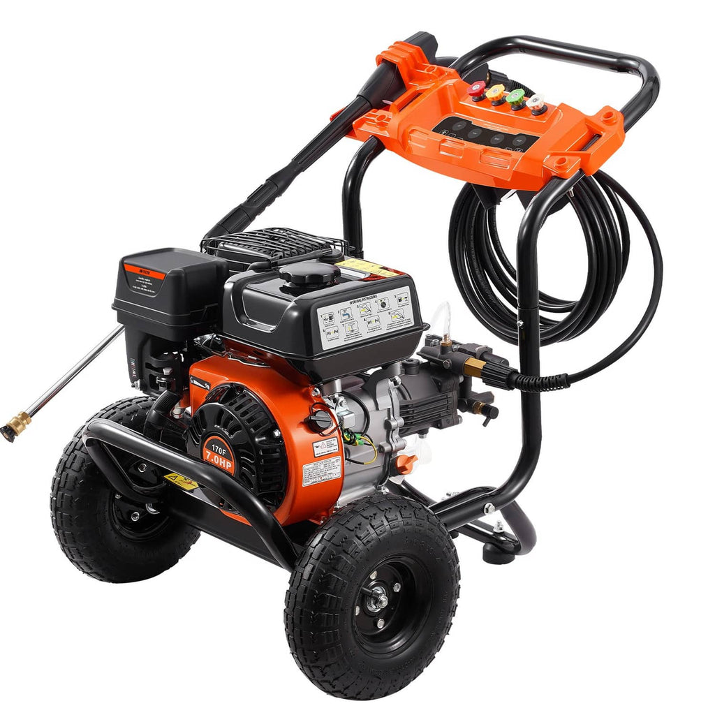 Orange and black gas pressure washer on four large wheels with hose and wand