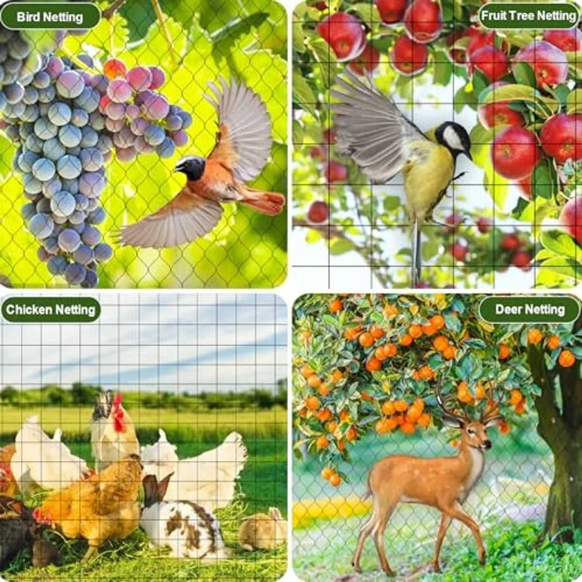 Black netting used for bird, chicken, fruit tree, and deer protection on mesh panels