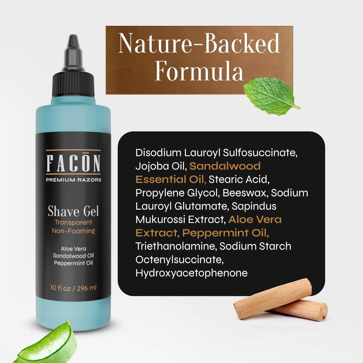Shaving gel bottle with aloe leaf and labeled ingredient panel for formula.