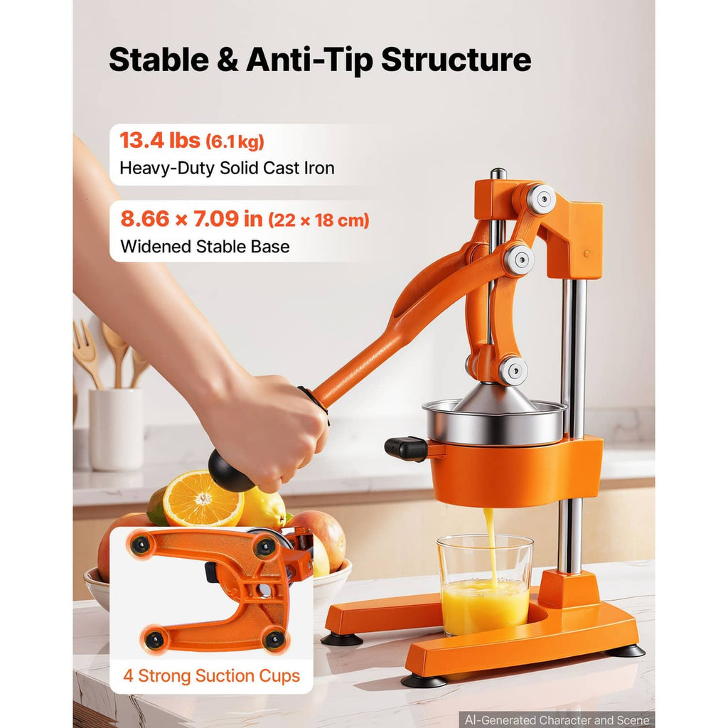 Orange cast-iron style citrus press with stable base and stainless extraction cone