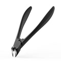 Black thick toe nail clippers with long curved blades and spring handle