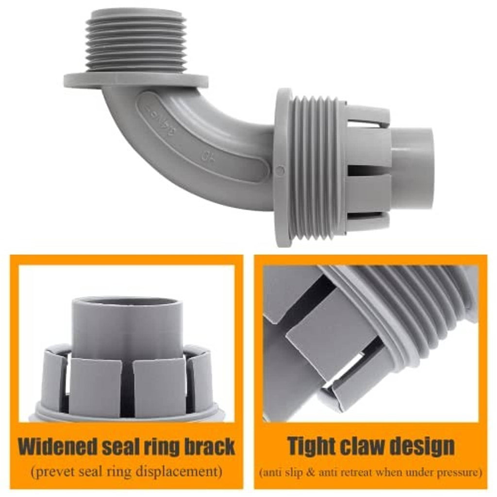 Gray 90-degree conduit connector with seal ring and threaded clamp, close-up view